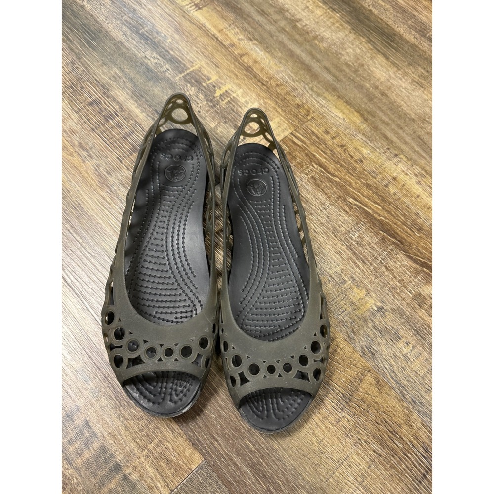 Crocs Adrina Peep Toe Flats Womens Size 9 Black Smoke Cutout Jelly Shoes - Picture 12 of 15